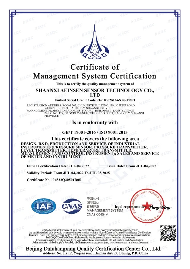 上海艾恩森全资子公司陕西艾恩森传感技术有限公司质量管理体系认证证书（英文）
